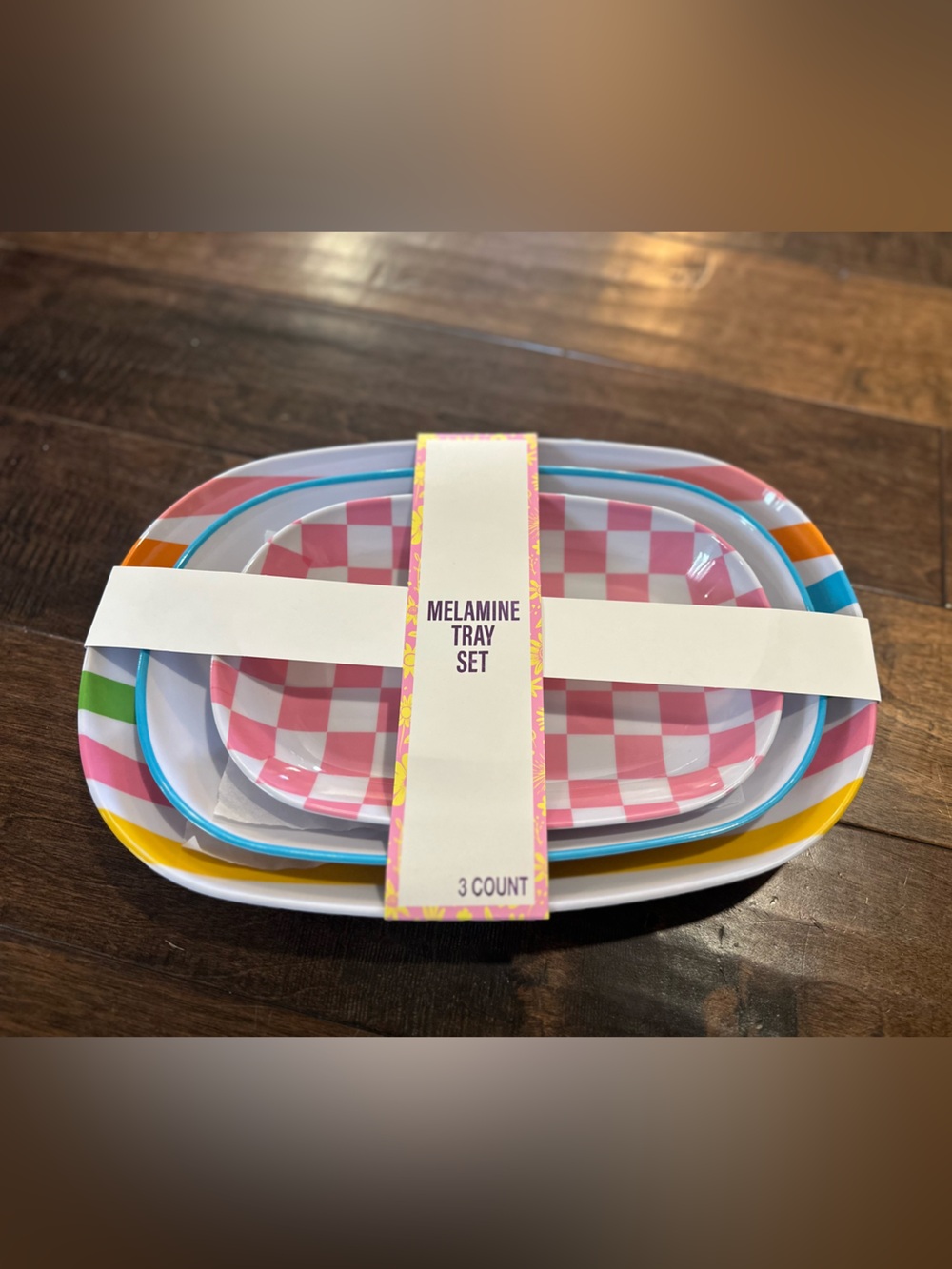Melamine Tray Set - Pink Checker & Multicolor Stripe